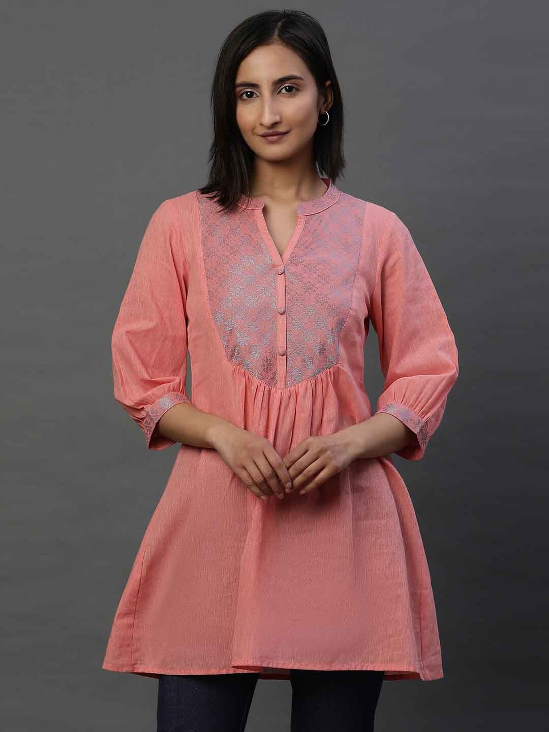 

AURELIA Woven Design A-Line Pure Cotton Kurti, Pink