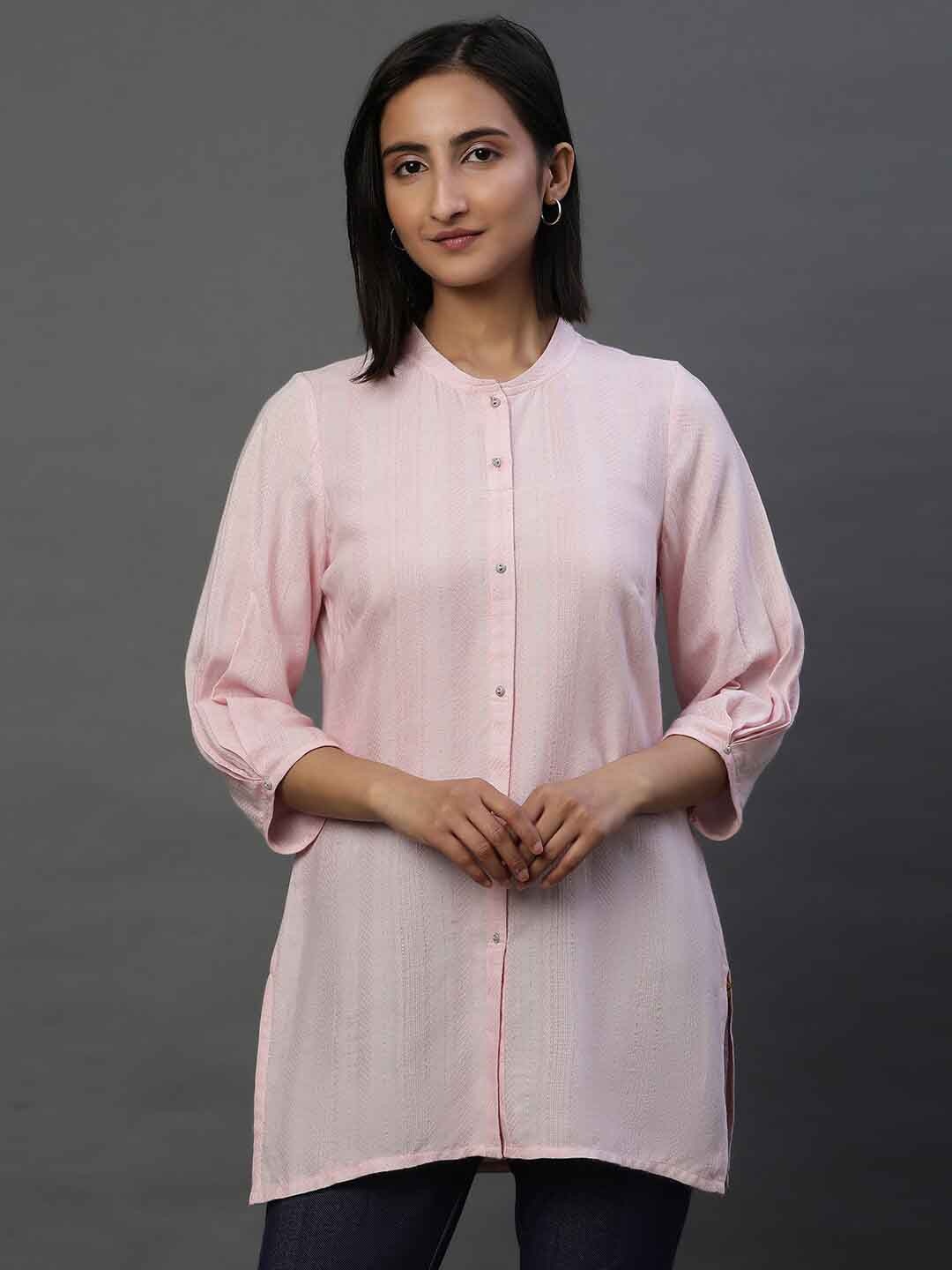 

AURELIA Geometric Woven Design Mandarin Collar Straight Kurti, Pink