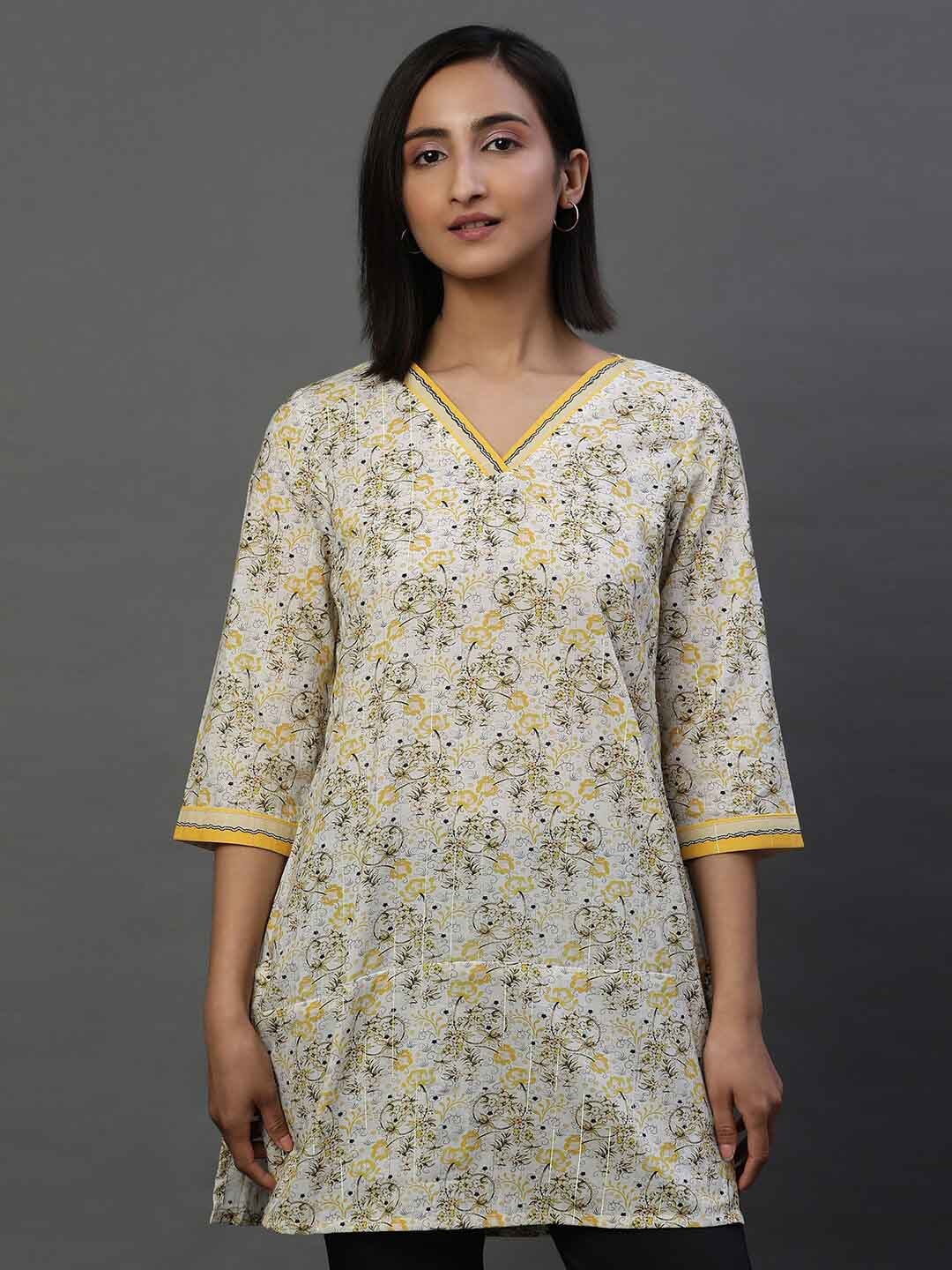 

AURELIA Floral Printed V-Neck Pure Cotton Straight Kurti, Yellow