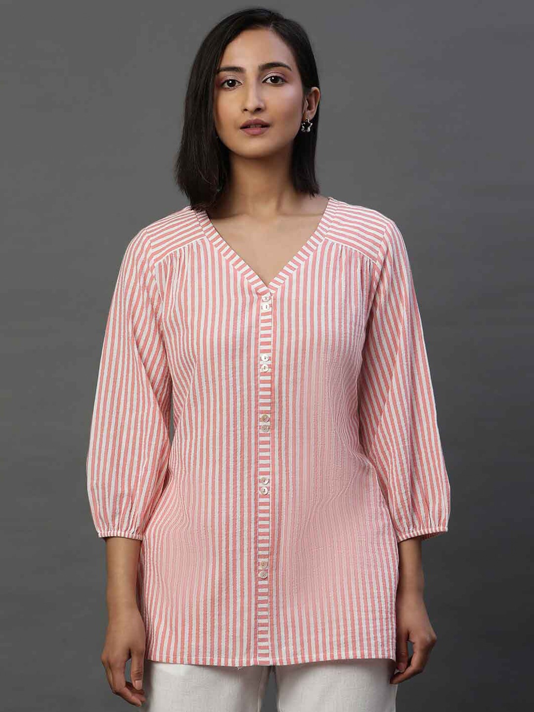 

AURELIA Striped V-Neck Pure Cotton Kurti, Peach