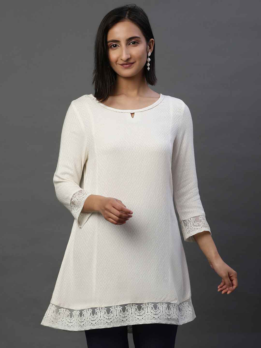 

AURELIA Woven Design Straight Kurti, White
