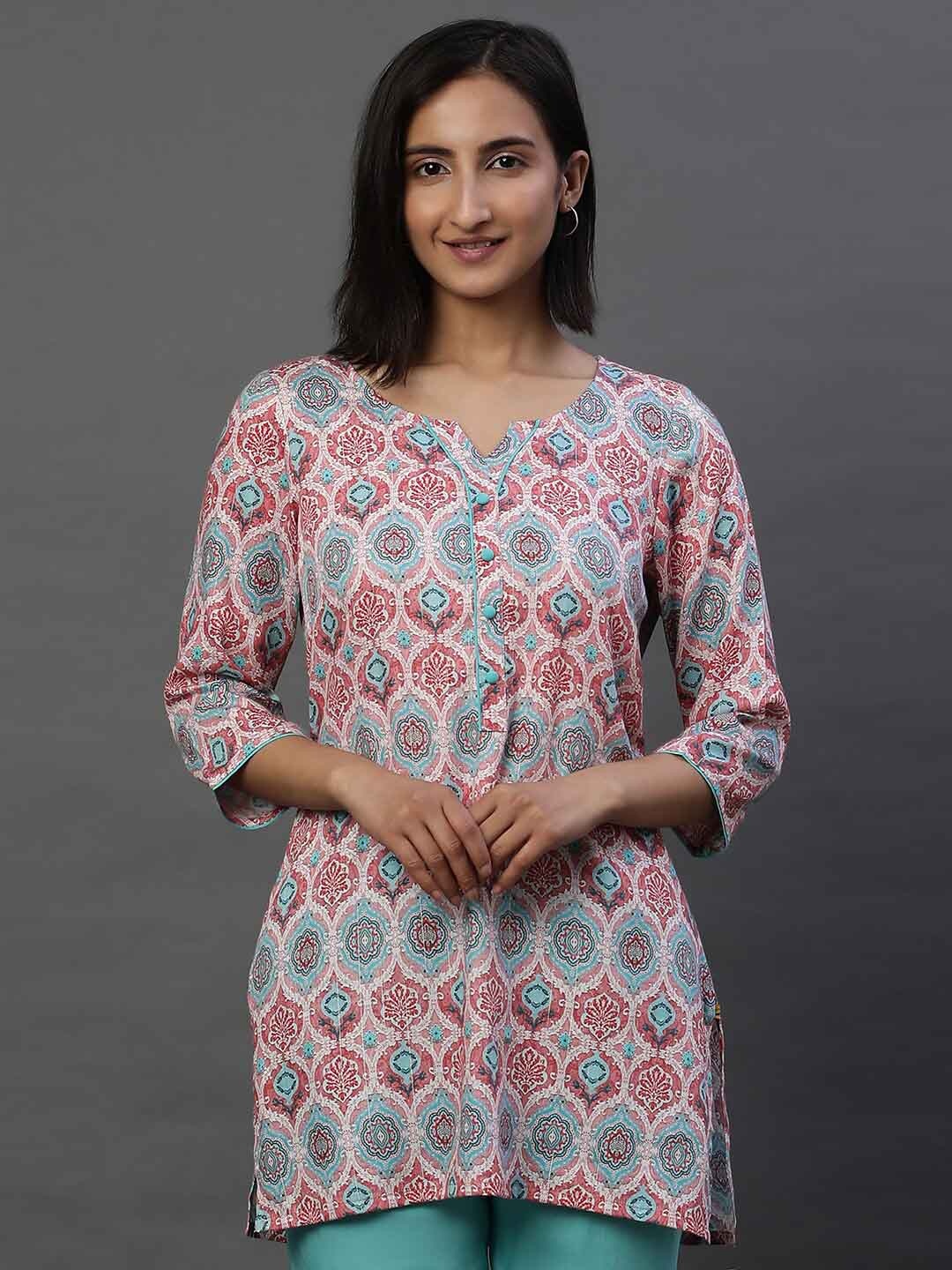 

AURELIA Ethnic Motifs Printed Pure Cotton Straight Kurti, Pink