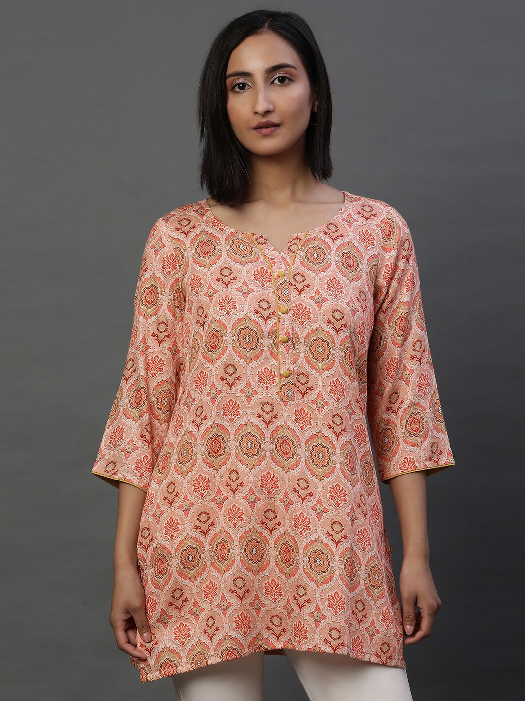 

AURELIA Ethnic Motifs Printed Notched Neck Straight Kurti, Peach