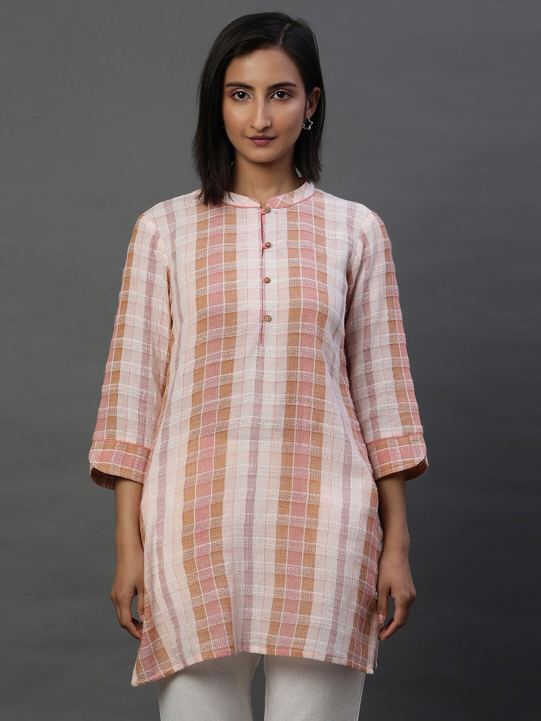 

AURELIA Checked Mandarin Collar Pure Cotton Kurti, Peach
