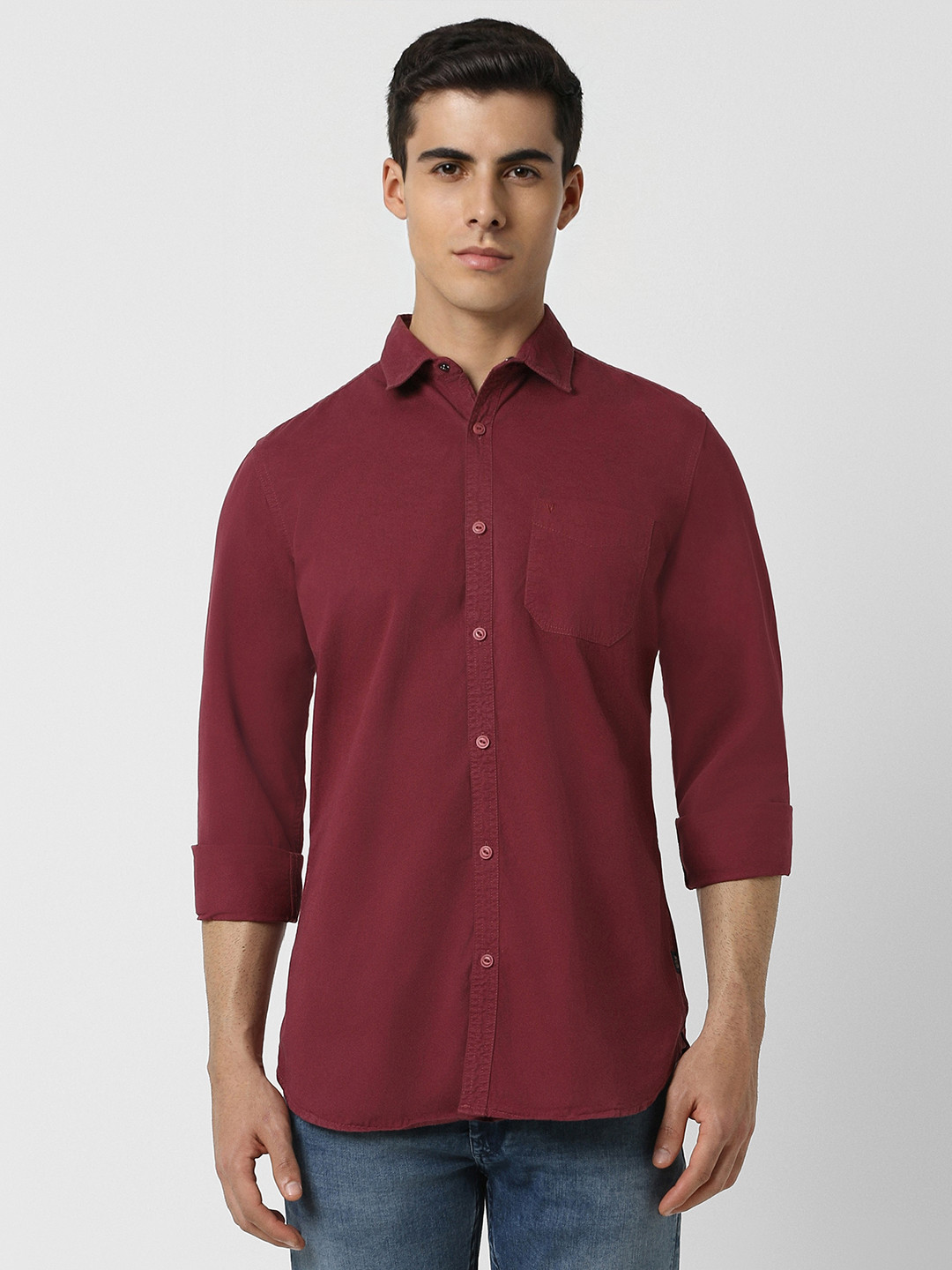 

VAN HEUSEN DENIM LABS Slim Fit Spread Collar Long Sleeves Cotton Casual Shirt, Maroon