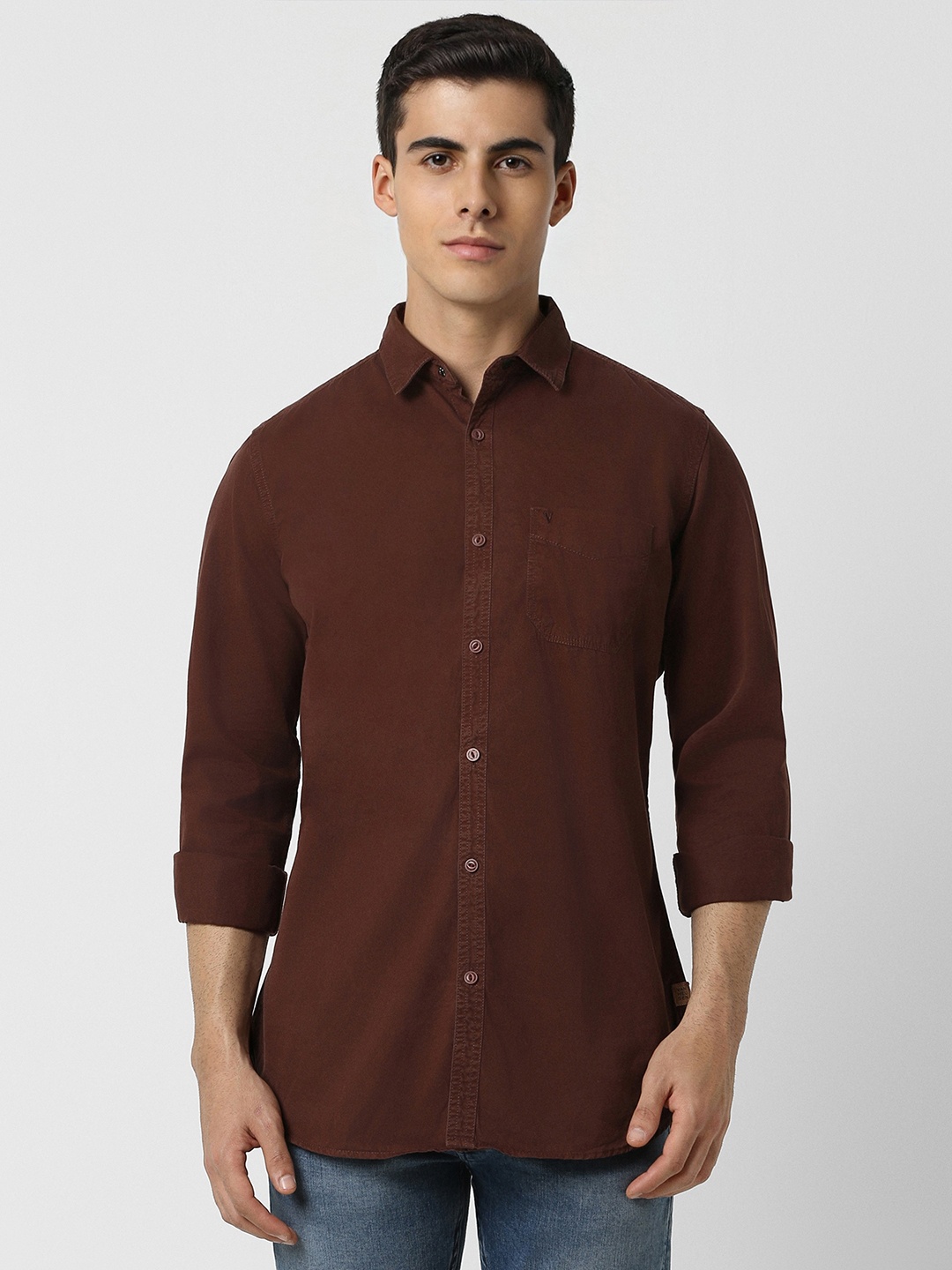 

VAN HEUSEN DENIM LABS Spread Collar Slim Fit Cotton Opaque Casual Shirt, Brown