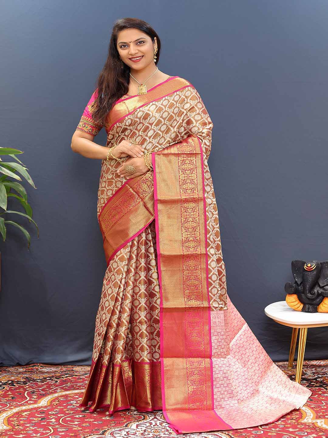 

KALINI Ethnic Motifs Printed Zari Saree, Cream