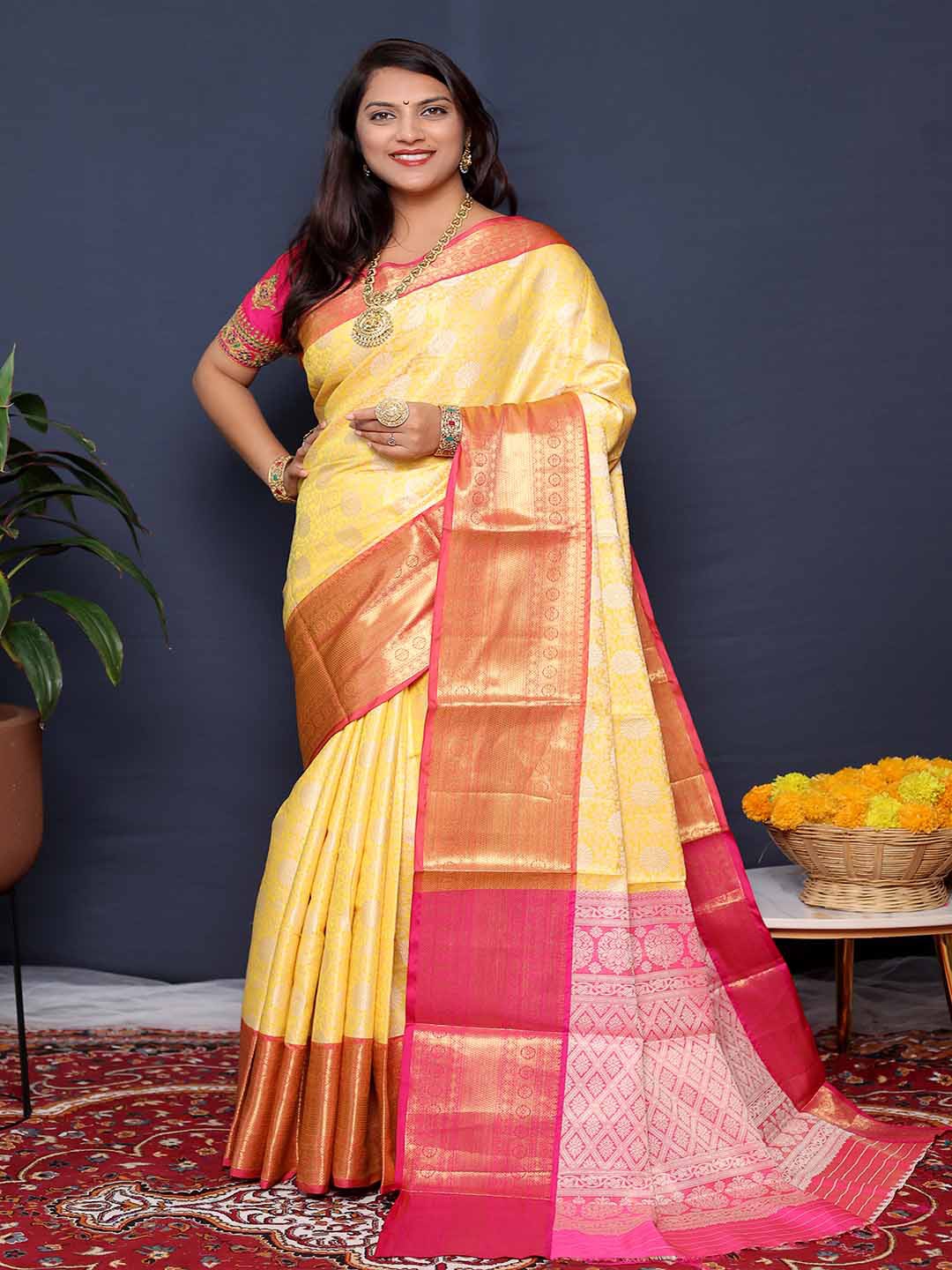 

KALINI Ethnic Motifs Woven Design Zari Saree, Yellow
