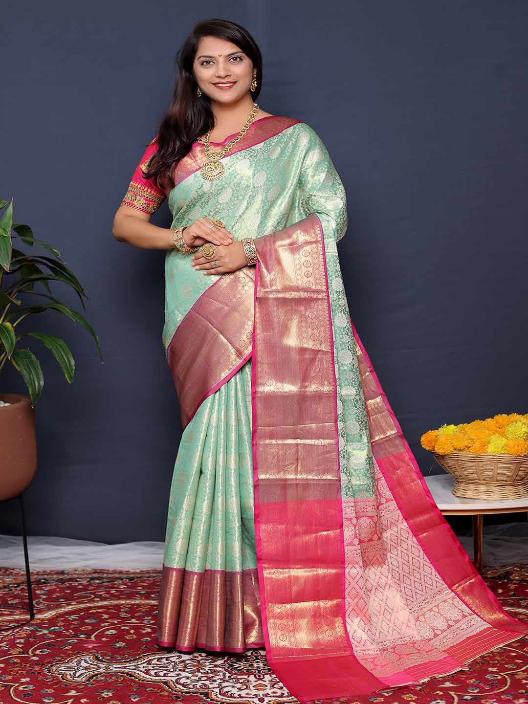 

KALINI Ethnic Motifs Woven Design Zari Saree, Green