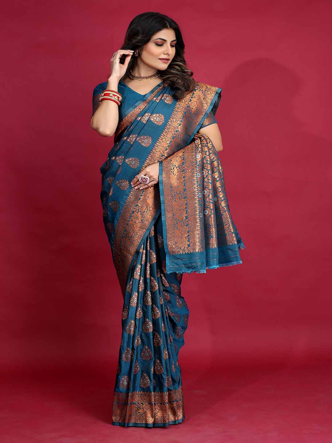 

KALINI Floral Woven Design Zari Saree, Blue