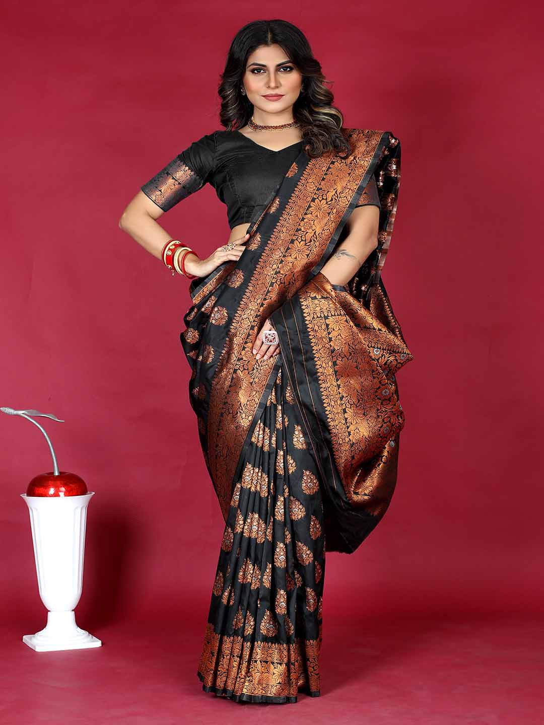 

KALINI Ethnic Motifs Woven Design Zari Detailed Saree, Black