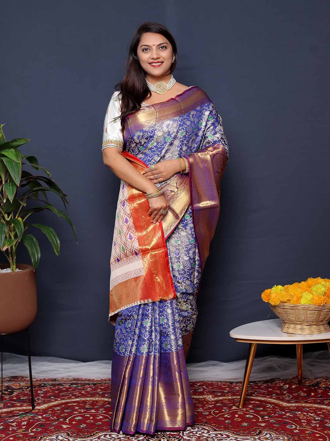 

KALINI Ethnic Motifs Woven Design Zari Saree, Blue