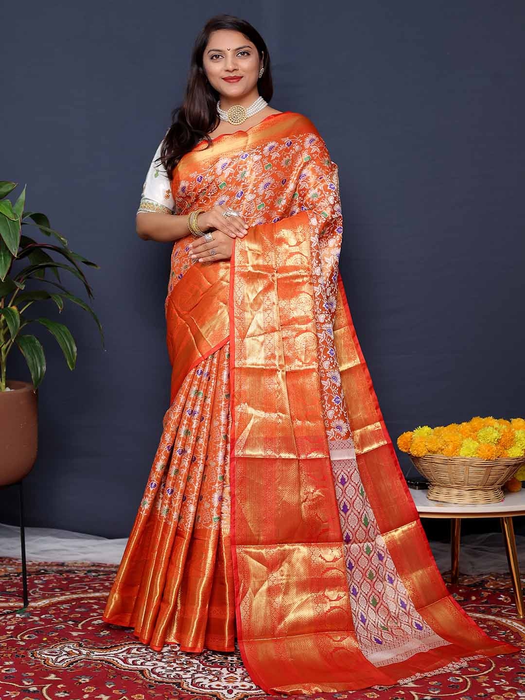 

KALINI Floral Woven Design Zari Saree, Red