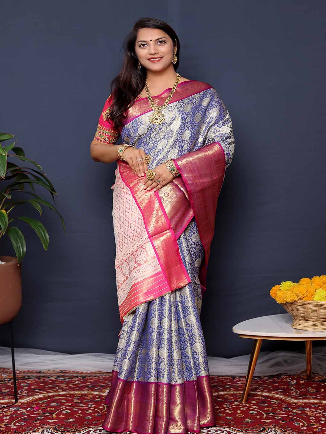 

KALINI Ethnic Motifs Woven Design Zari Saree, Blue