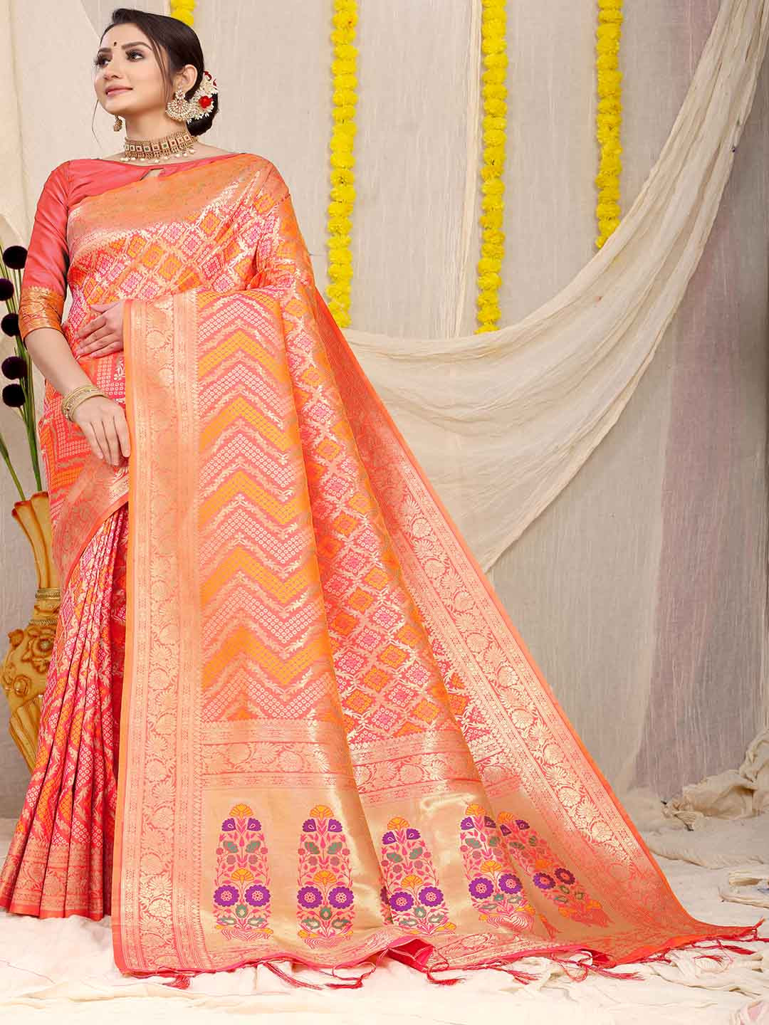 

KALINI Ethnic Motifs Woven Design Zari Saree, Orange