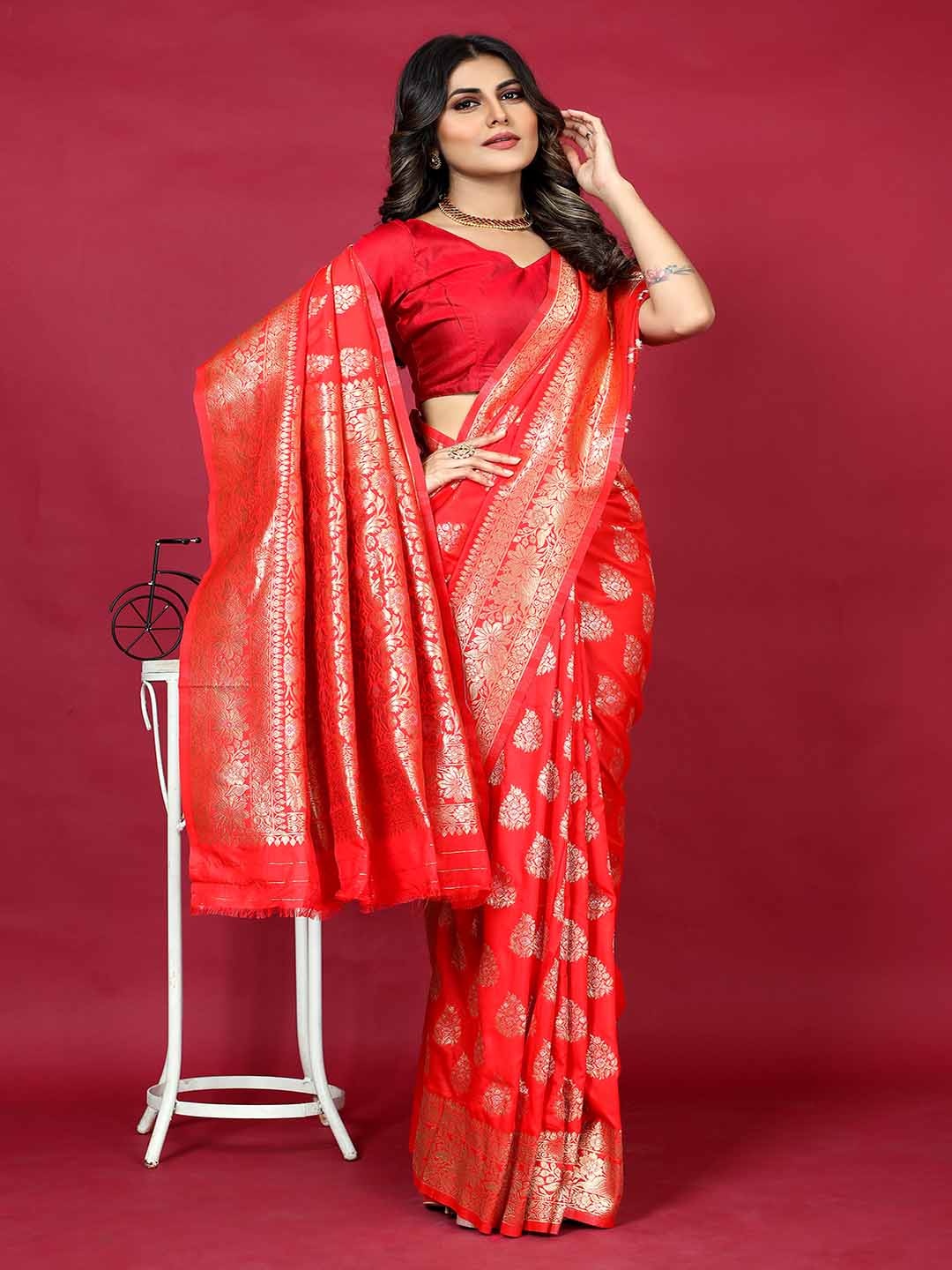 

KALINI Ethnic Motifs Woven Design Zari Detailed Saree, Red