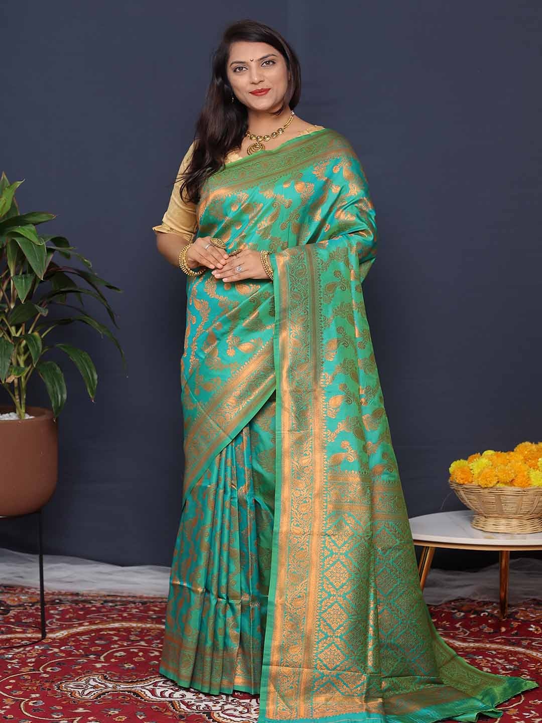 

KALINI Ethnic Motifs Woven Design Zari Detailed Saree, Green