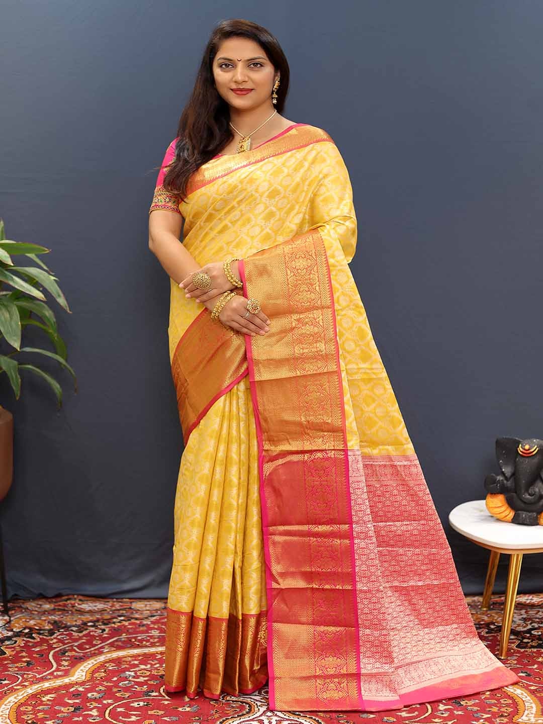 

KALINI Ethnic Motifs Woven Design Zari Art Silk Saree, Yellow