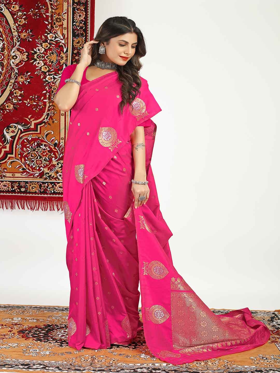 

KALINI Ethnic Motifs Woven Design Zari Saree, Pink