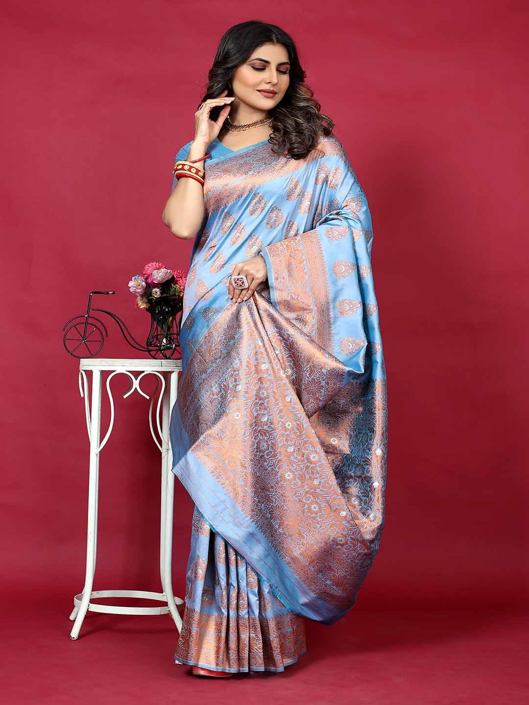 

KALINI Ethnic Motifs Woven Design Zari Detailed Saree, Grey