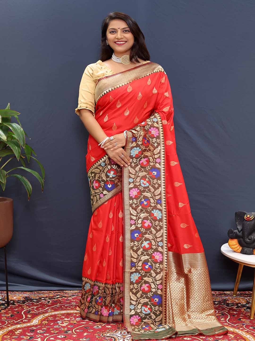 

KALINI Ethnic Motifs Woven Designed Zari Saree, Coral