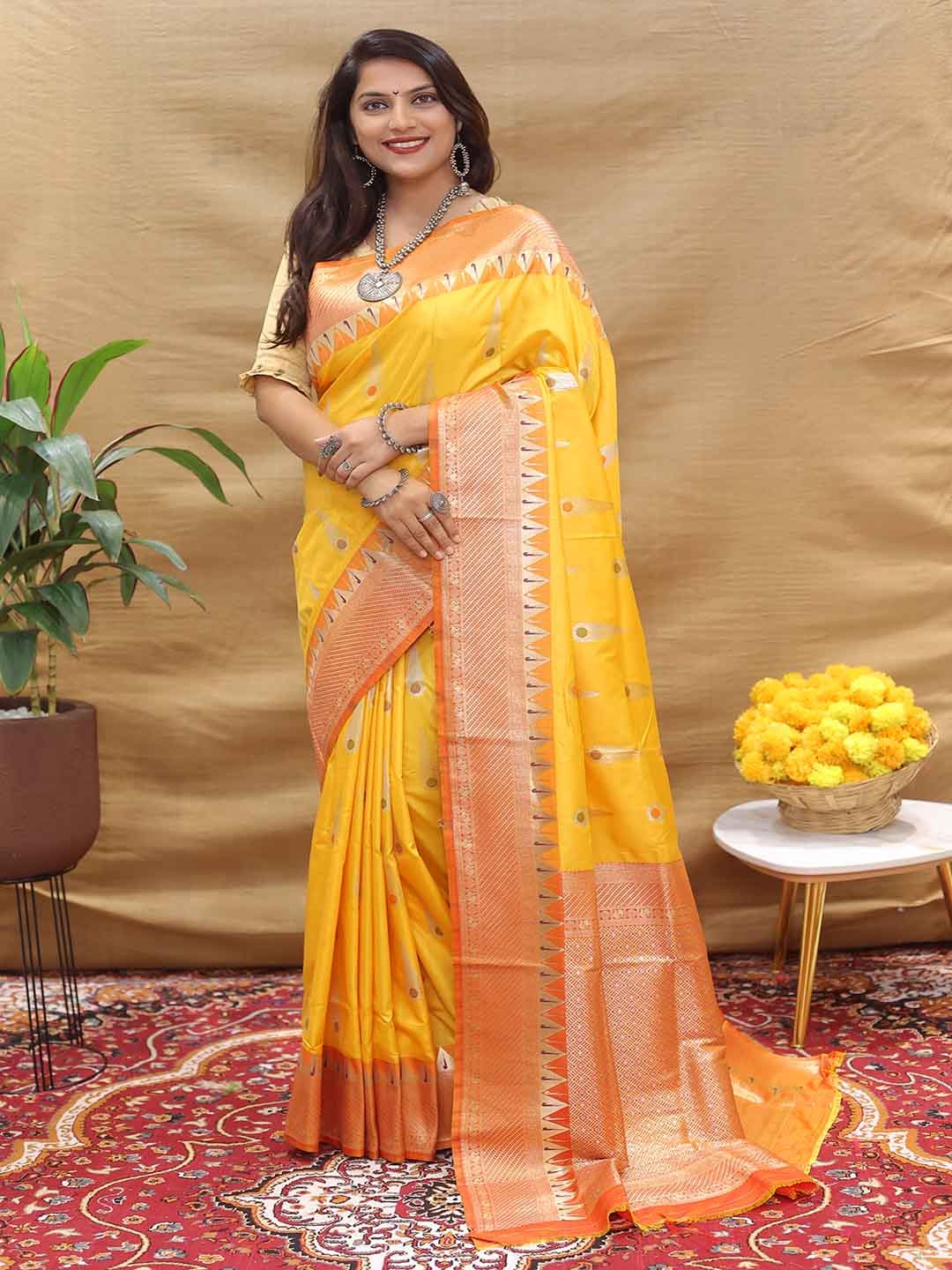 

KALINI Ethnic Motifs Woven Design Zari Art Silk Saree, Yellow