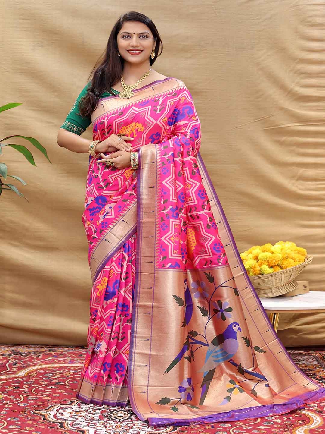 

KALINI Ethnic Motifs Woven Design Zari Saree, Pink