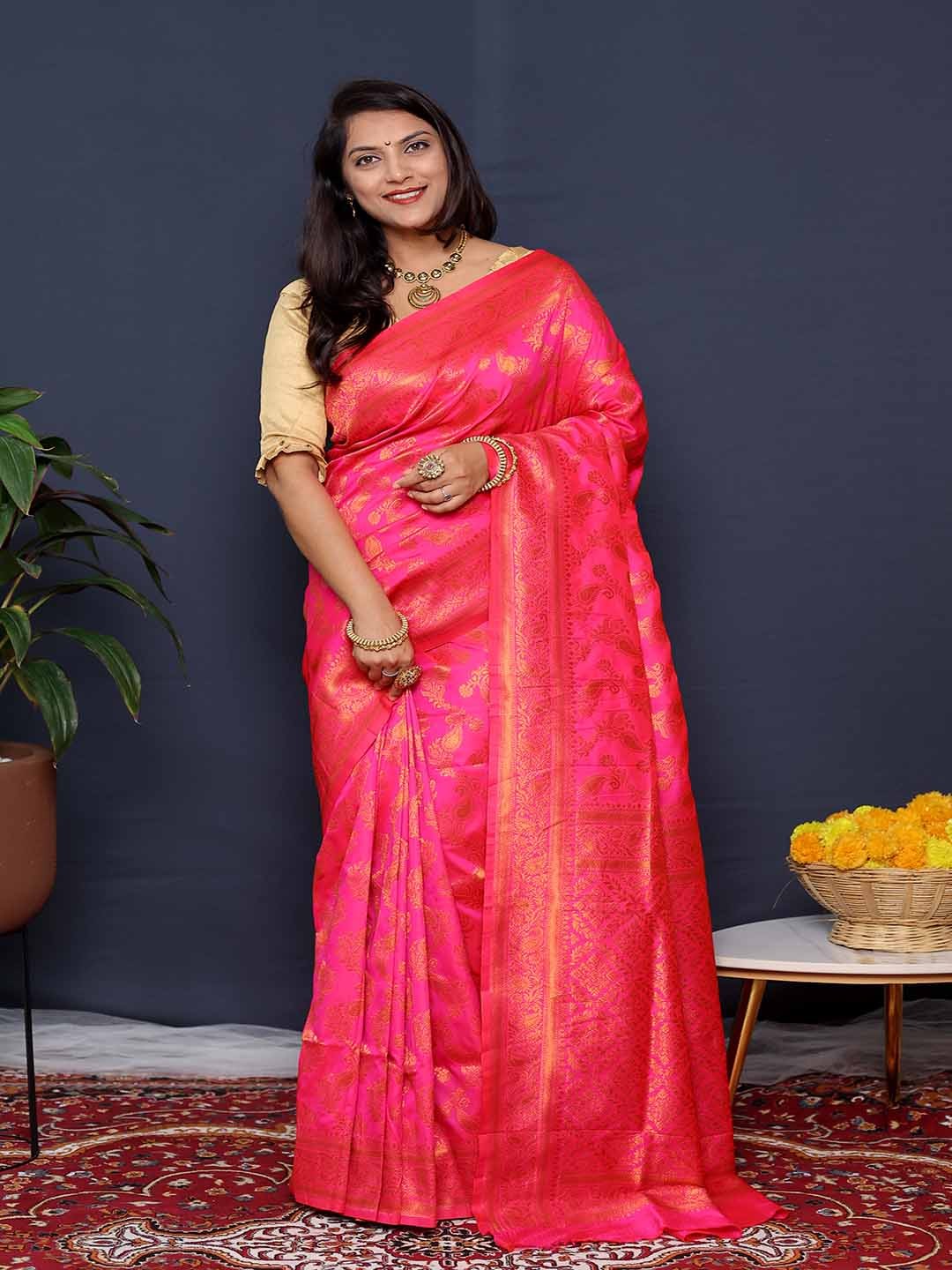 

KALINI Ethnic Motif Woven Design Zari Saree, Pink