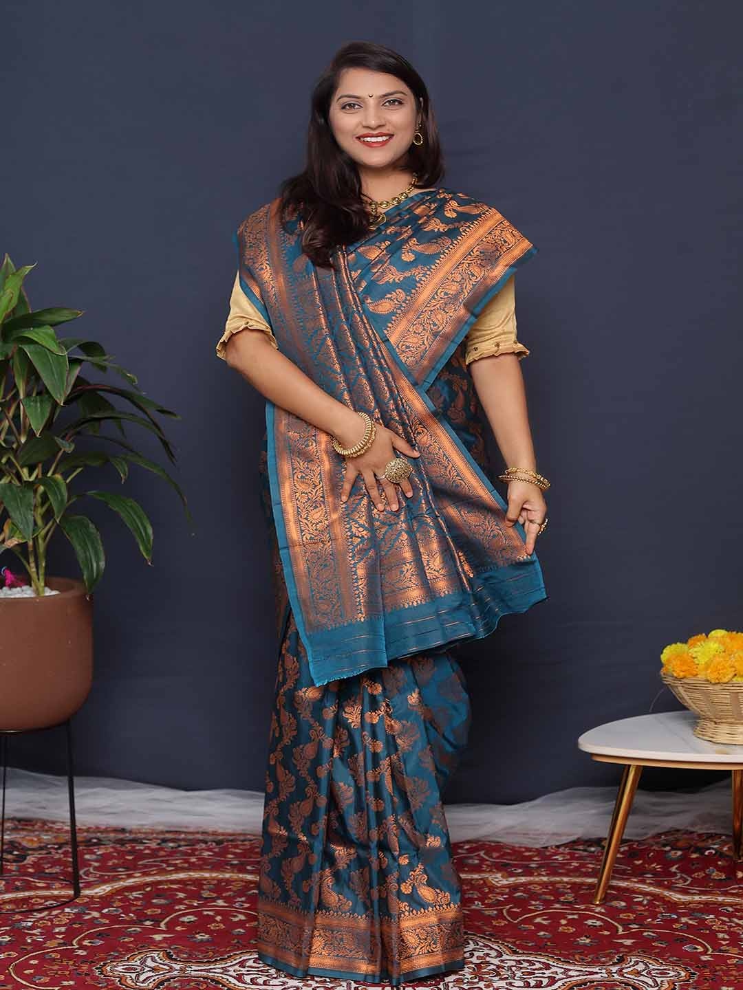 

KALINI Ethnic Motifs Woven Design Zari Art Silk Saree, Blue