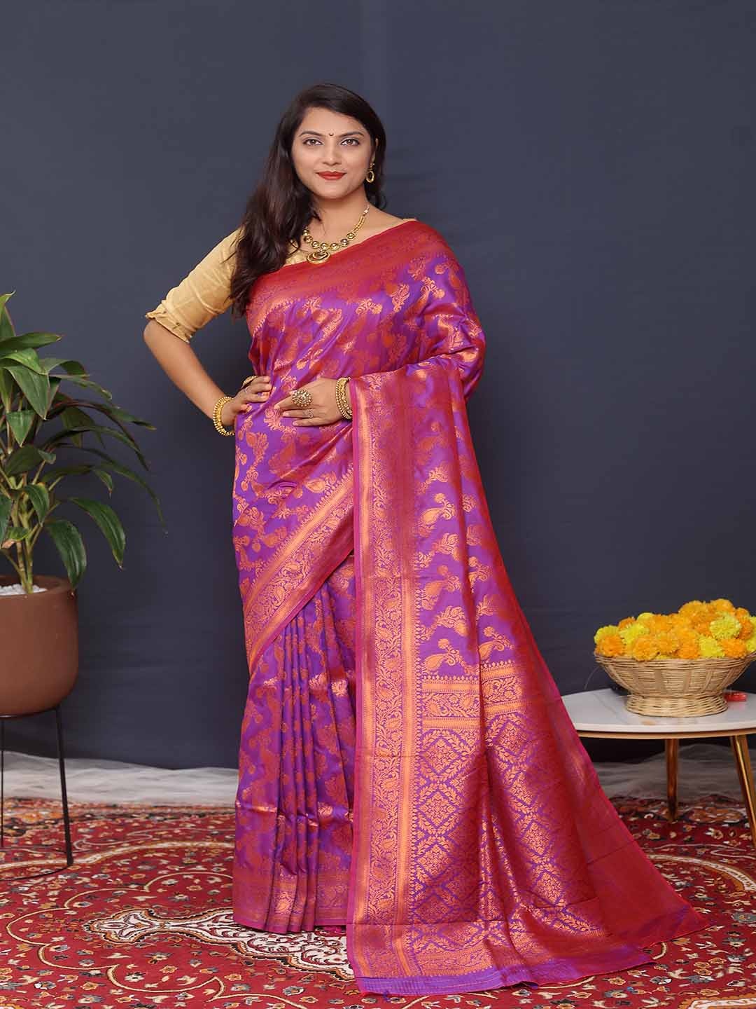 

KALINI Ethnic Motifs Woven Design Zari Detailed Saree, Purple