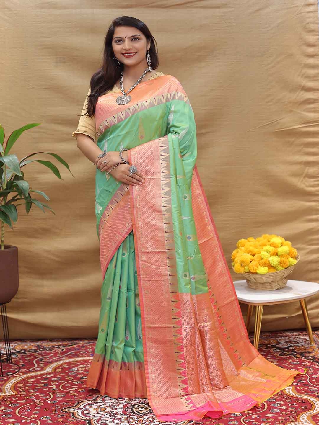 

KALINI Ethnic Motif Woven Design Zari Saree, Green
