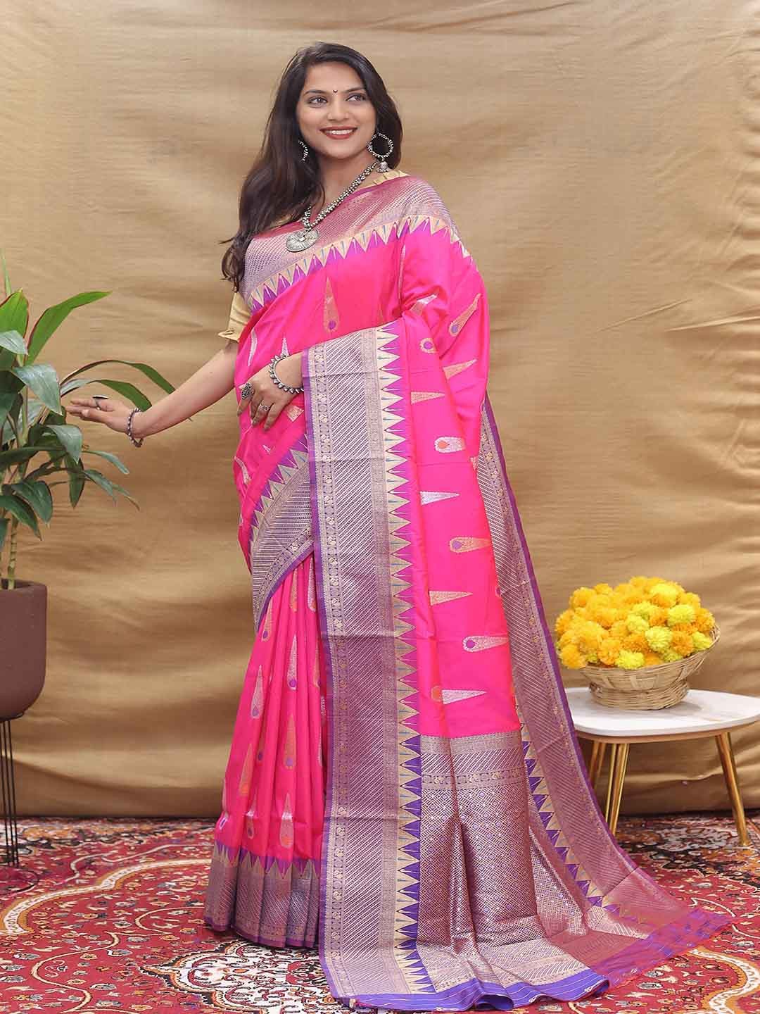 

KALINI Ethnic Motifs Woven Design Zari Saree, Pink
