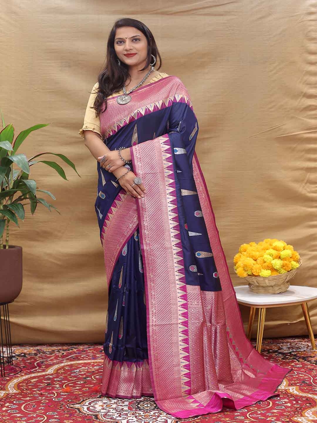 

KALINI Ethnic Motifs Woven Design Zari Saree, Blue