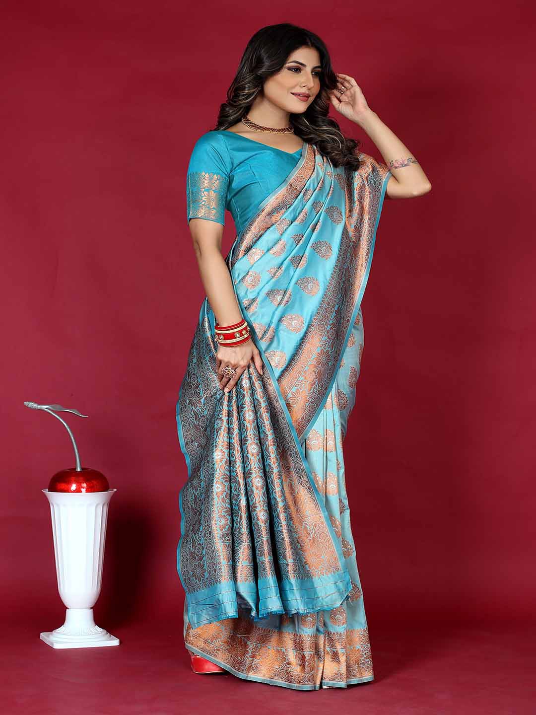 

KALINI Ethnic Motifs Woven Design Zari Art Silk Saree, Blue
