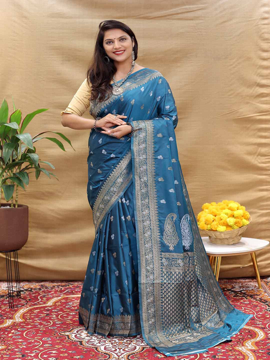 

KALINI Floral Woven Design Zari Saree, Navy blue