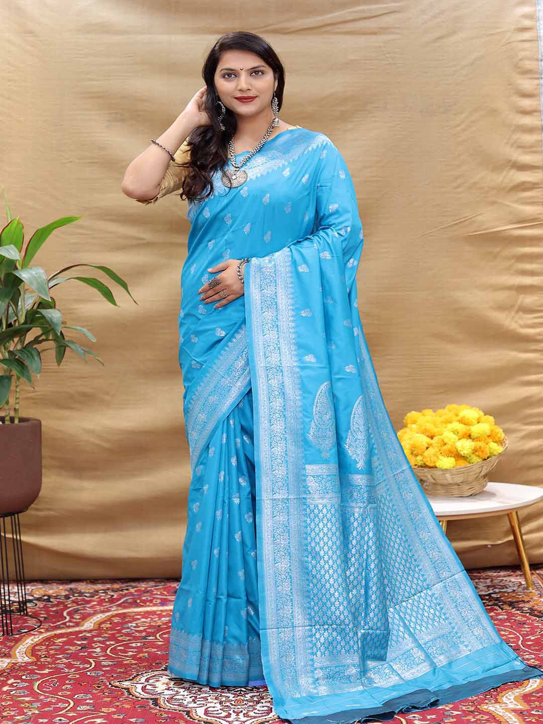 

KALINI Ethnic Motifs Woven Design Zari Art Silk Saree, Blue