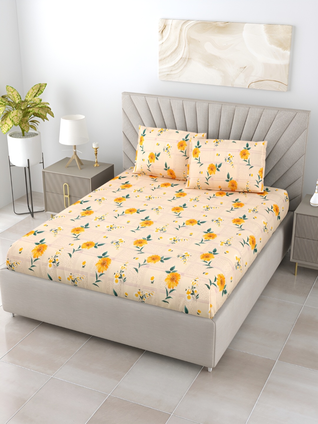 

BOMBAY DYEING ELIXIR Yellow Floral Printed 144 TC Cotton King Bedsheet & 2 Pillow Covers