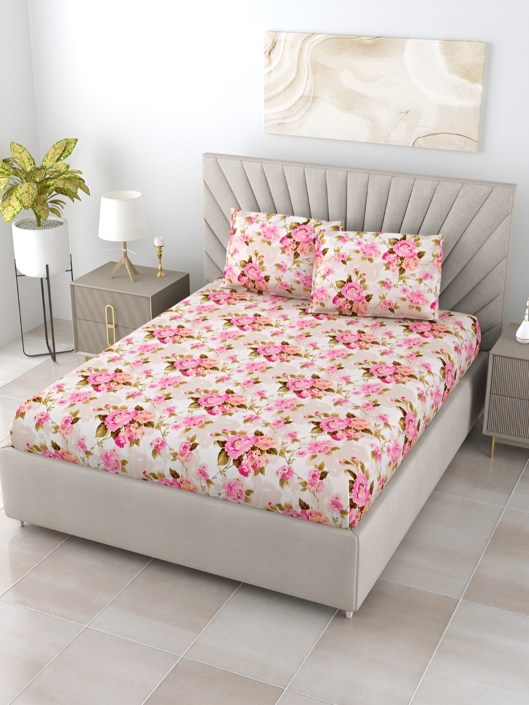 

BOMBAY DYEING ELIXIR Pink Floral Printed 144 TC Cotton King Bedsheet with 2 Pillow Covers