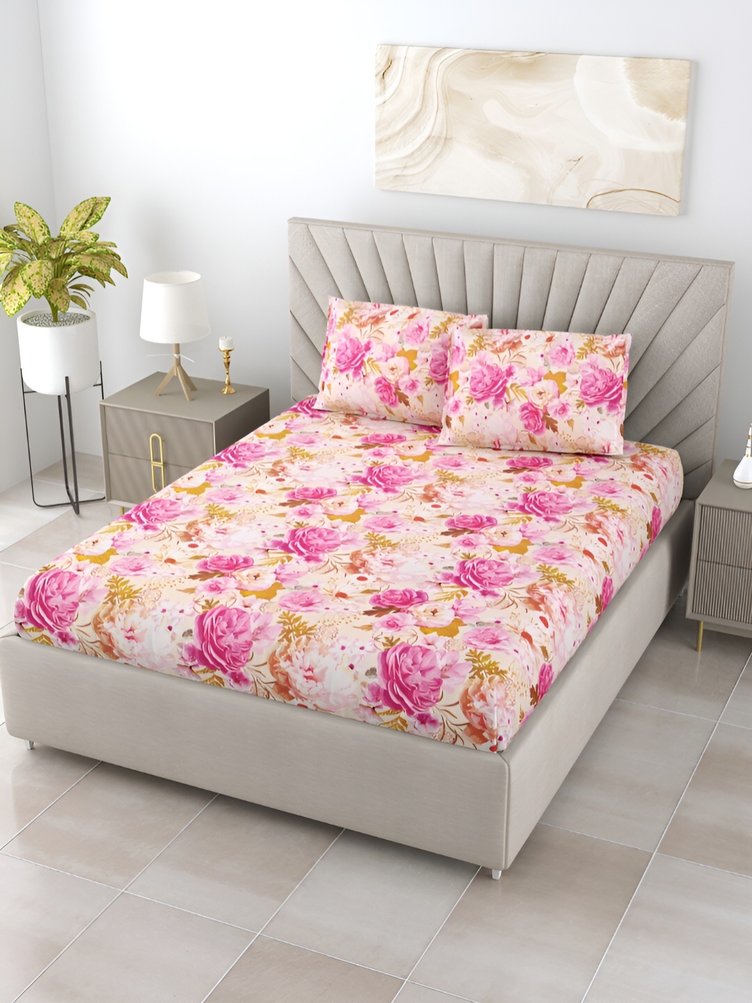 

BOMBAY DYEING ELIXIR Pink Floral Printed 144 TC Cotton King Bedsheet with 2 Pillow Covers