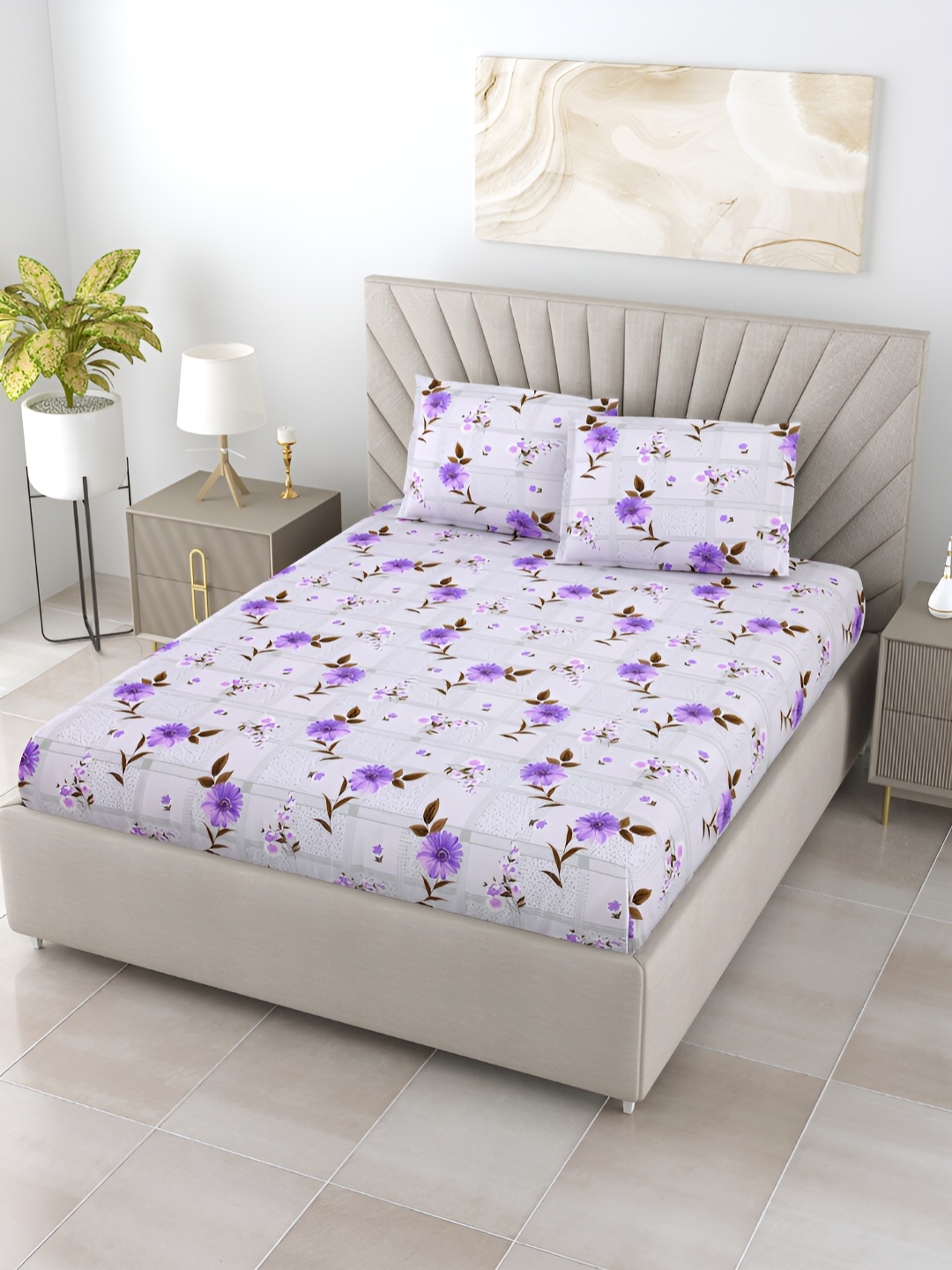 

BOMBAY DYEING ELIXIR Violet Floral Printed 144 TC Cotton King Bedsheet & 2 Pillow Covers