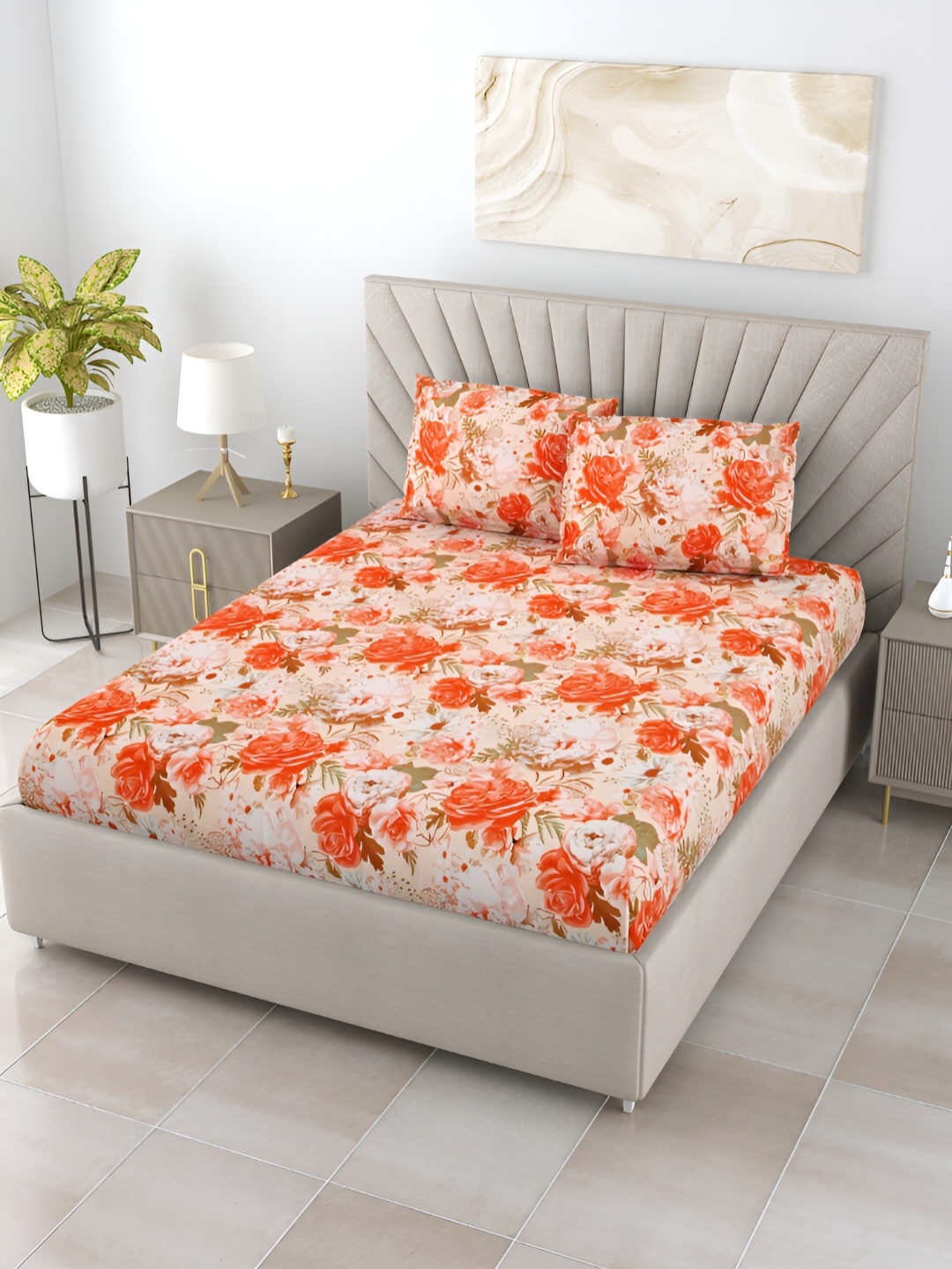 

BOMBAY DYEING ELIXIR Orange Floral Printed 144 TC Cotton King Bedsheet & 2 Pillow Covers