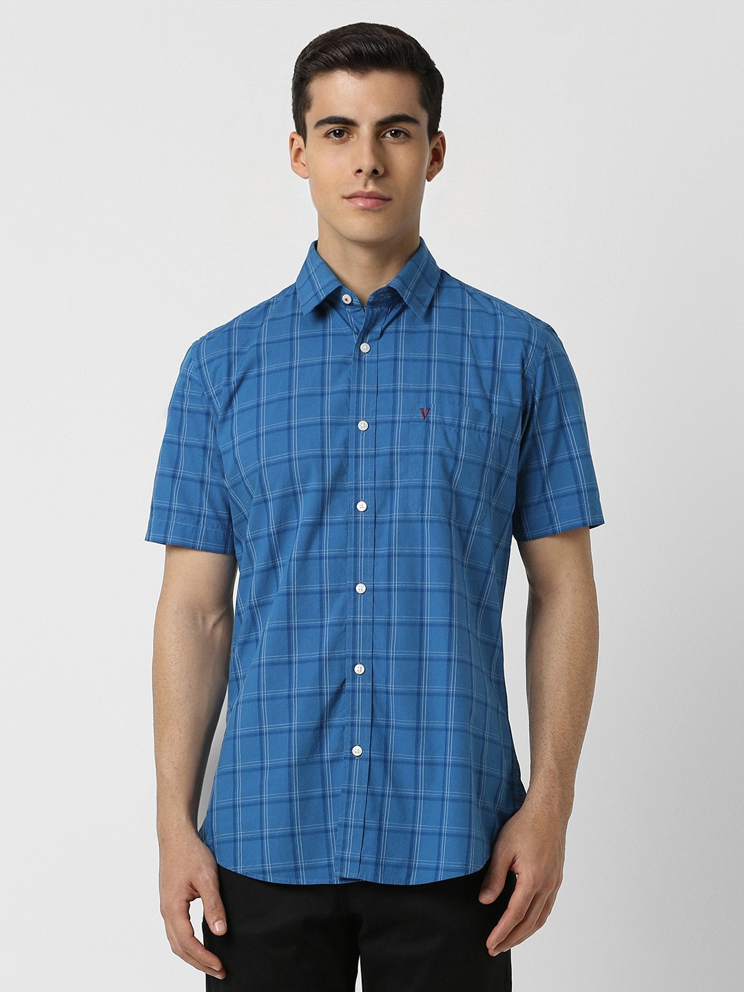 

Van Heusen Sport Slim Fit Tartan Checked Short Sleeves Cotton Casual Shirt, Blue