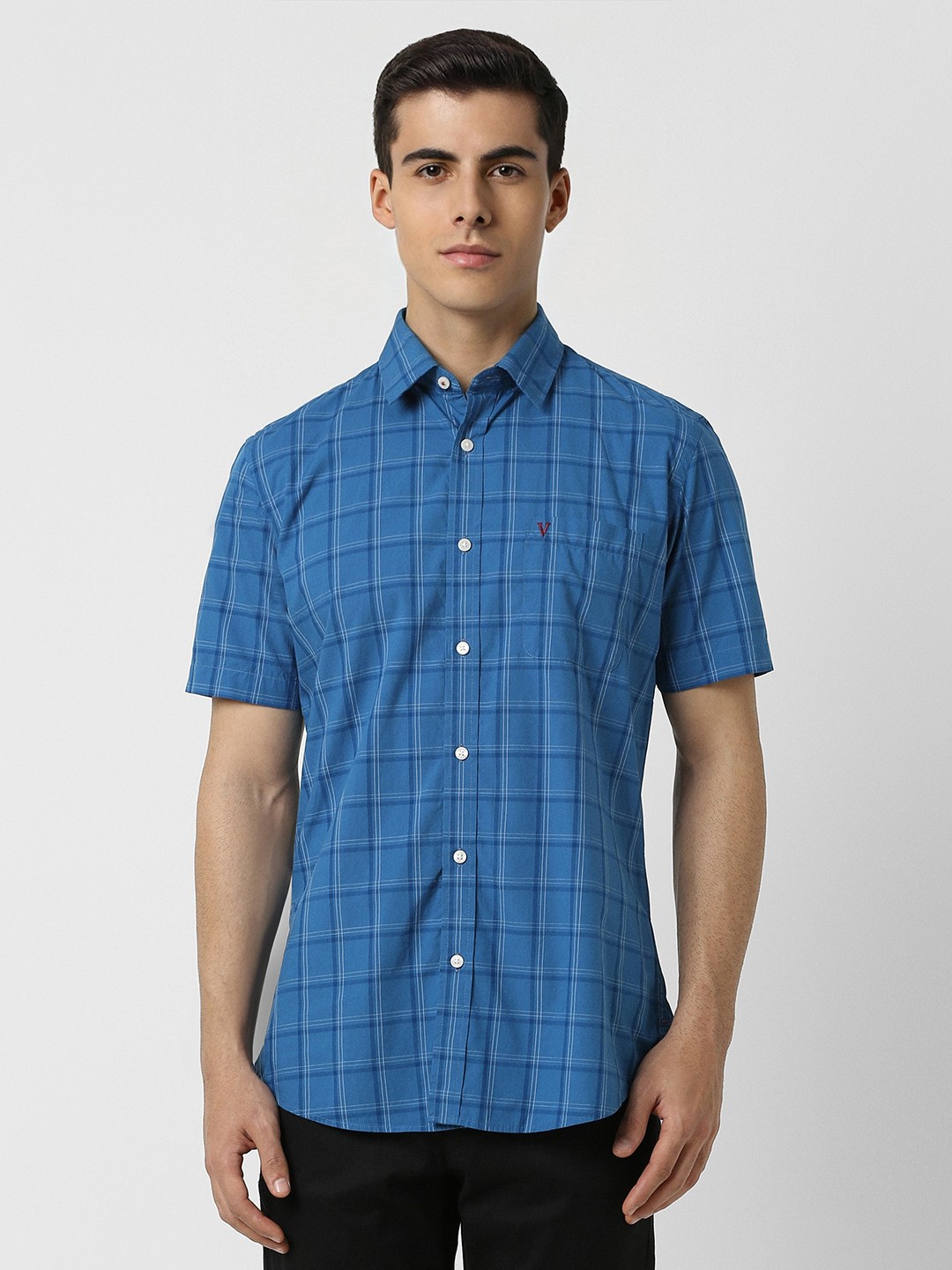 

Van Heusen Sport Slim Fit Tartan Checked Short Sleeves Cotton Casual Shirt, Blue