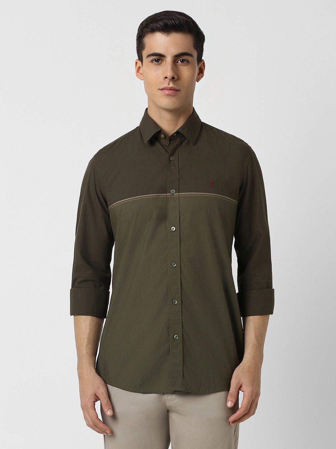 

Van Heusen Sport Slim Fit Vertical Striped Pure Cotton Casual Shirt, Olive