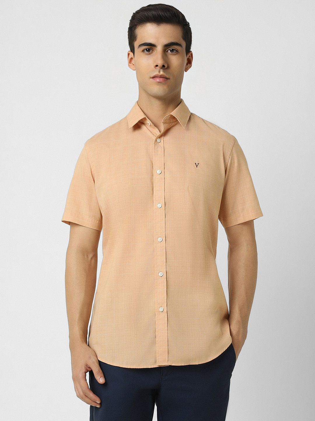 

Van Heusen Sport Slim Fit Grid Tattersall Checked Pure Cotton Casual Shirt, Peach