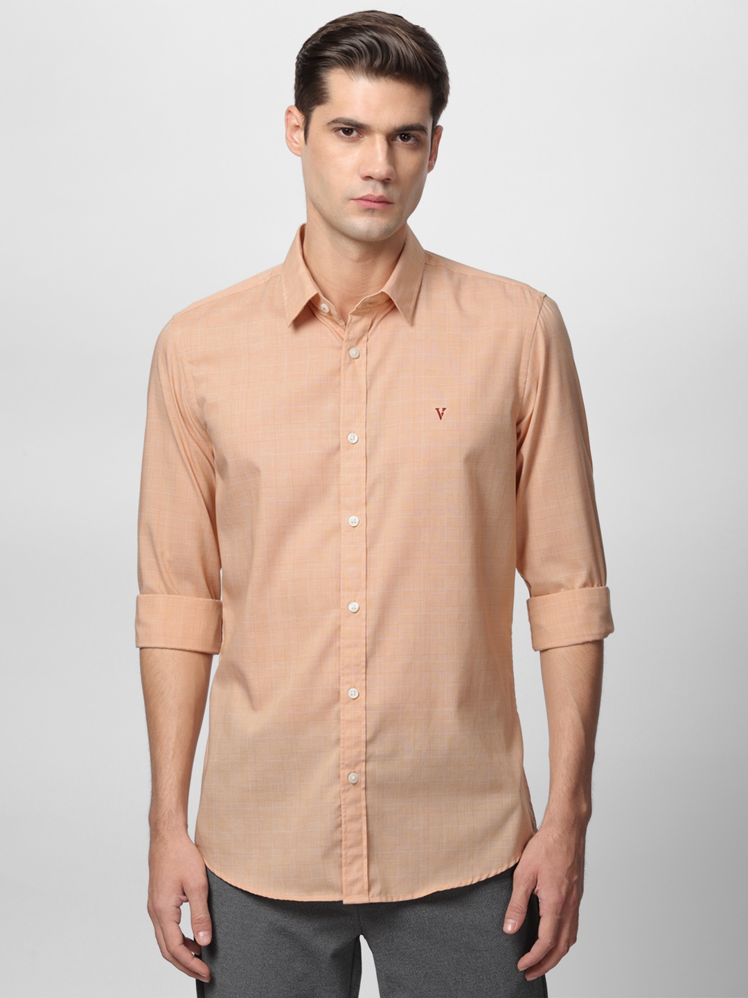 

Van Heusen Sport Slim Fit Grid Tattersall Checked Pure Cotton Casual Shirt, Peach