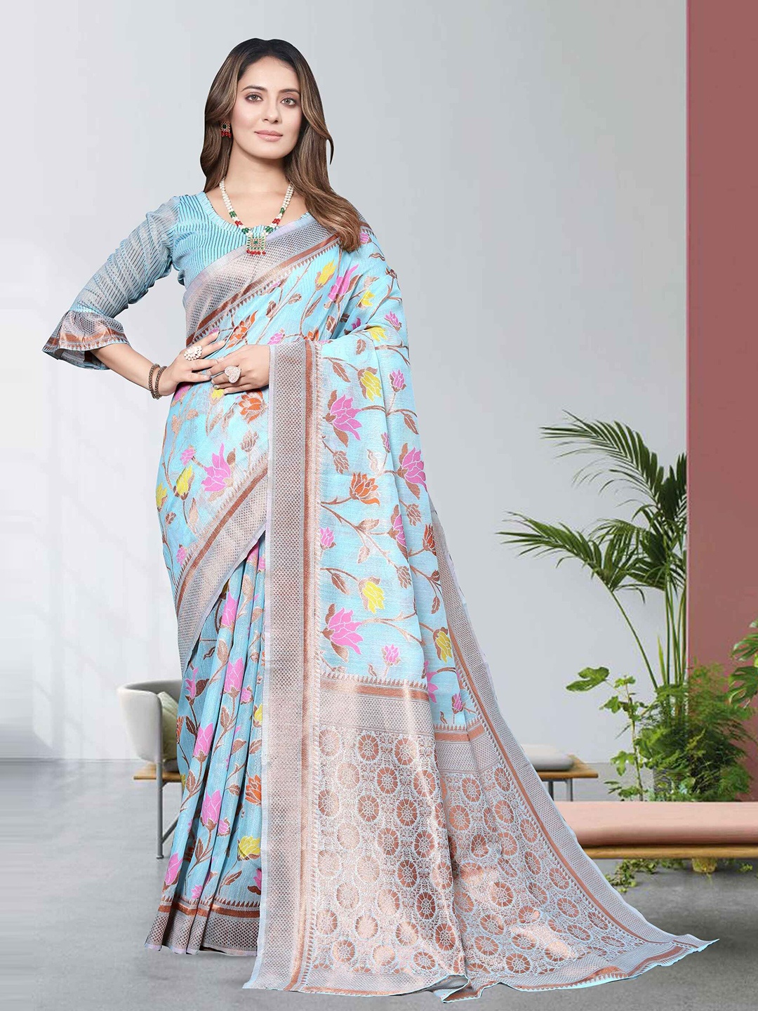 

MORLY Floral Woven Design Zari Kanjeevaram Saree, Grey