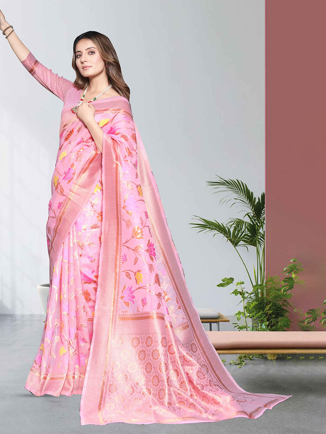 

MORLY Floral Woven Design Zari Kanjeevaram Saree, Fuchsia