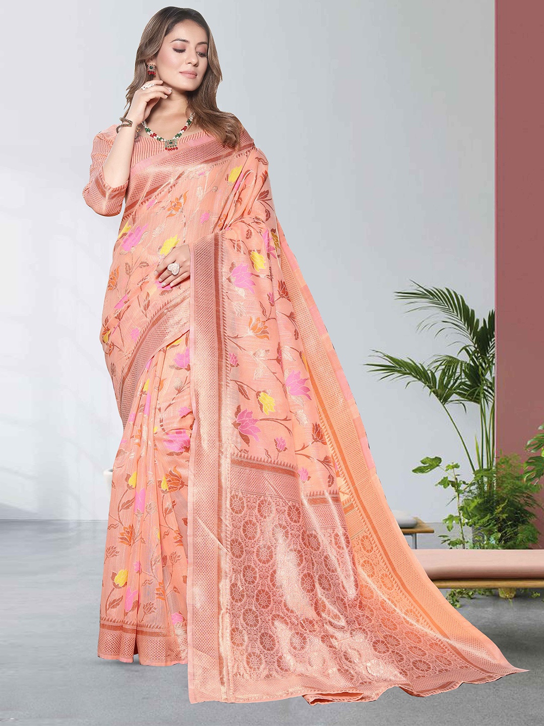 

MORLY Floral Woven Design Kanjeevaram Zari Saree, Orange