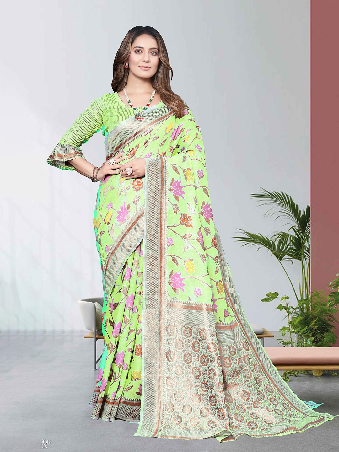 

MORLY Floral Woven Design Kanjeevaram Zari Saree, Lime green